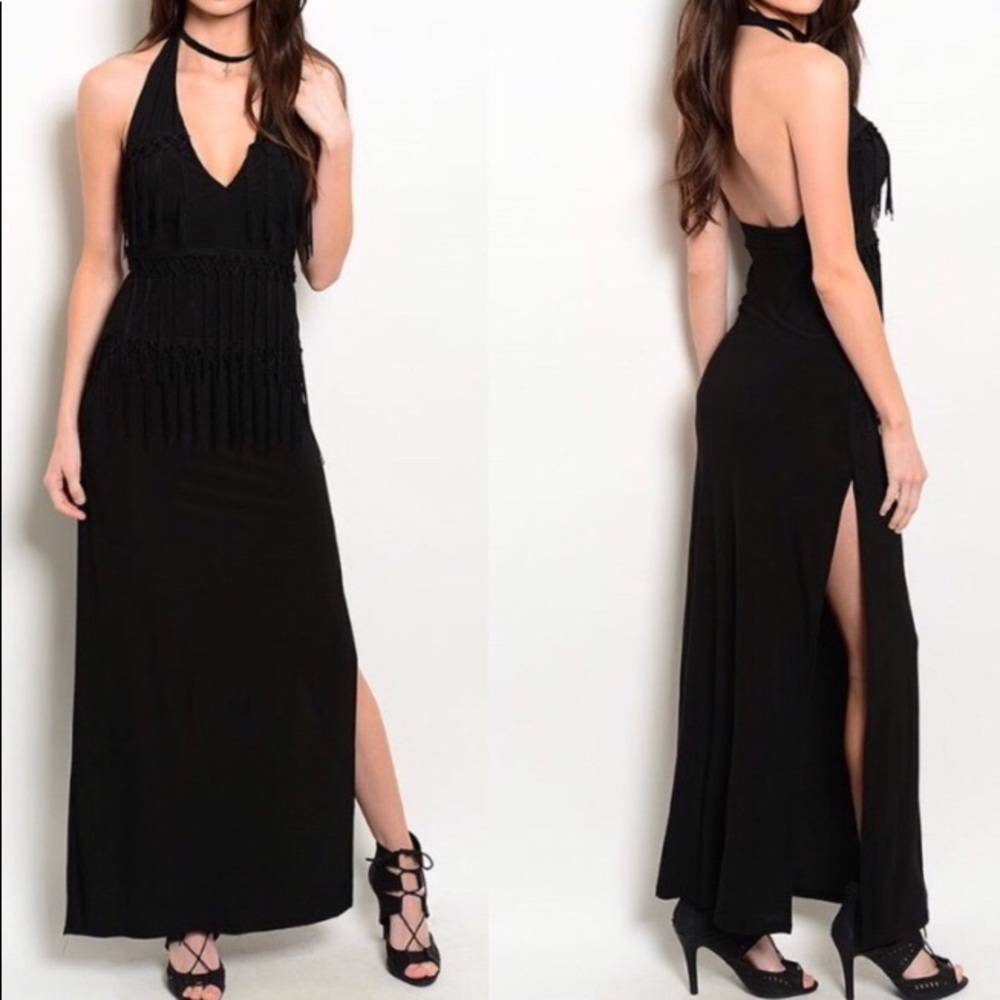 🆕🇺🇸 Black Full Fringe Tassel Front Maxi Dress